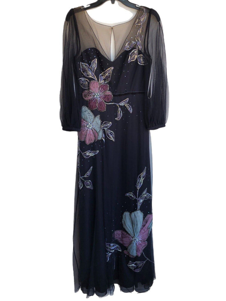 MARCHESA NOTTE NWT Navy Metallic Beaded Floral Print Tulle Maxi Dress Gown 4