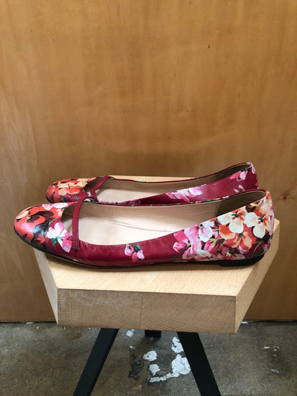 GUCCI	Red Floral Bloom Print Shanghai Leather Round Toe Ballet Flat Shoe 40.5