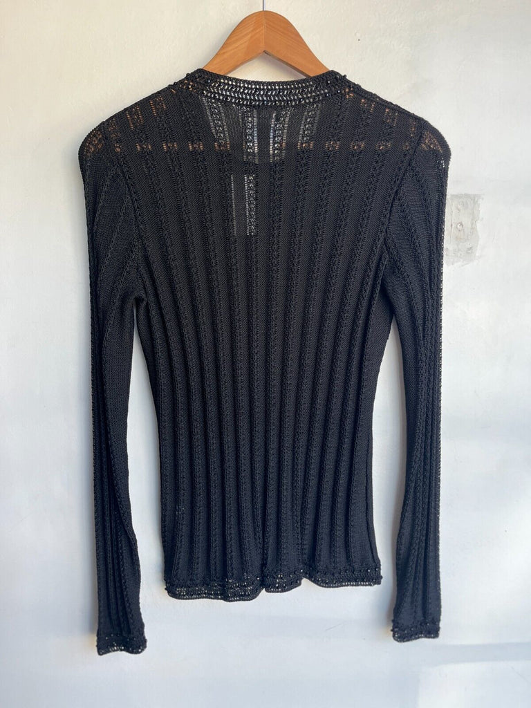CHANEL Vtg 2002 Black Ribbed Knit Beaded Cotton Viscose Cardigan Sweater 408