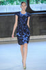 ERDEM	Blue Black Lace Embroidered Floral Print Cap Sleeve Knee Length Dress ~S