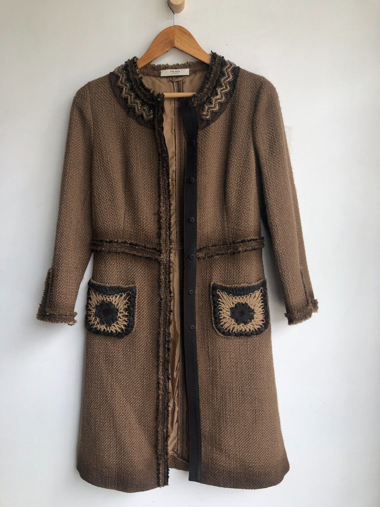 PRADA	Vtg FW 2005 Brown Tweed Wool Beaded Embellished Womens Jacket Coat 42/6
