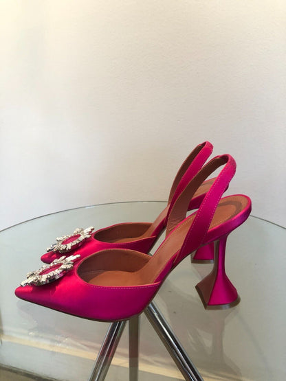 AMINA MUADDI Begum Swarovski Pink Ruby Crystal Satin Slingback Pump Heel 37.5
