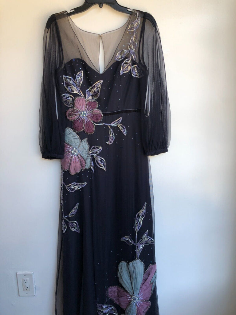 MARCHESA NOTTE NWT Navy Metallic Beaded Floral Print Tulle Maxi Dress Gown 4