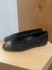 CHANEL Black Lizard Cap Toe Bow Dot Silver Logo Interlock Suede Ballet Flat 36.5