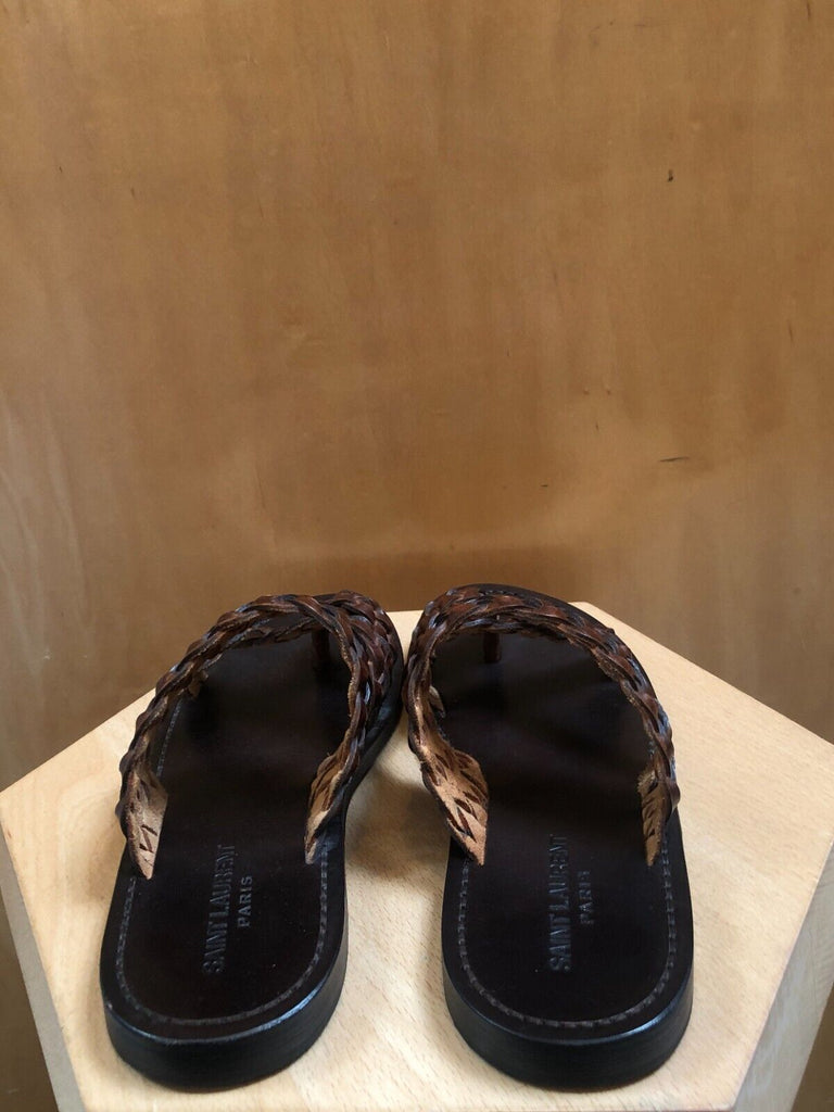 SAINT LAURENT YSL Neil Chesnut Brown Cross Toe Braided Srappy Slide On Sandal 39