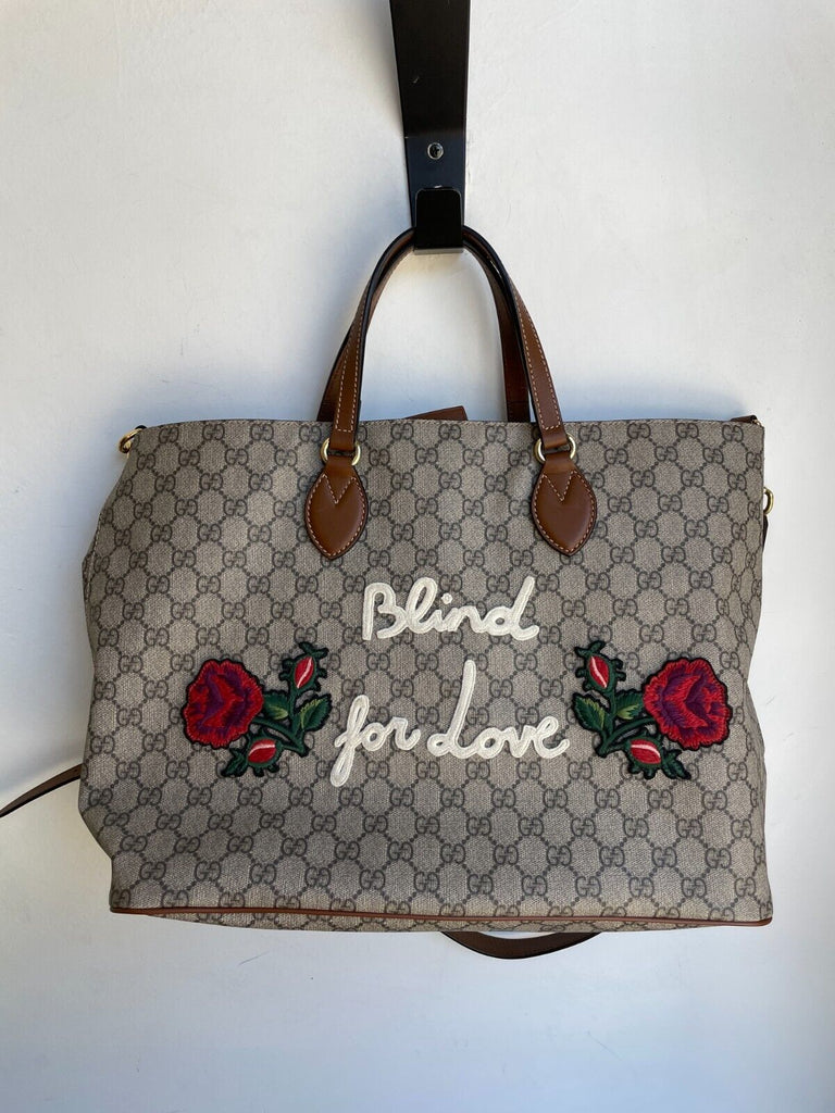 GUCCI Blind For Love GG Supreme Brown Leather Flower Embroidered Tote Bag Purse