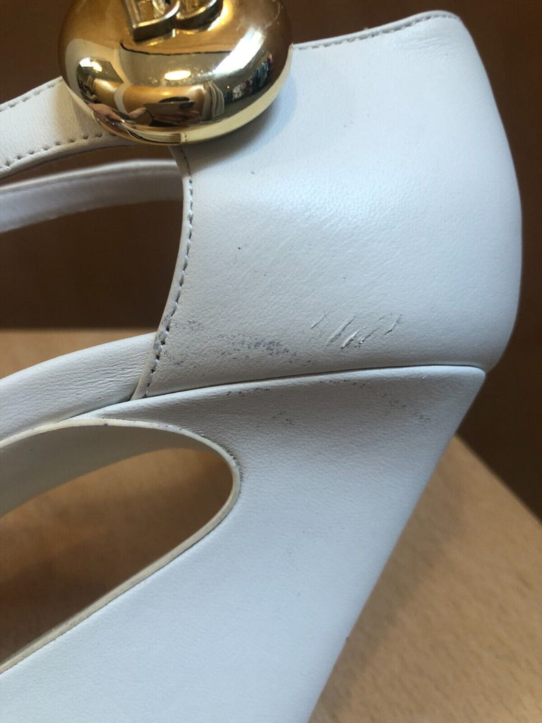 DOLCE & GABBANA White Leather Gold Chunky Wedge Curved Statement Strappy Heel 41