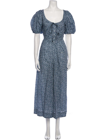 DOEN Monceau Dolores Liberty Blue White Floral Pleated Short Sleeve Maxi Dress