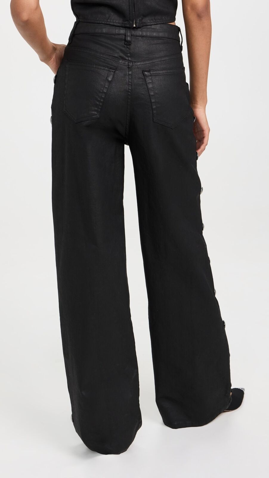 3X1 $385 Flip Black Wax Coated Silver Stud Wide Leg Pant