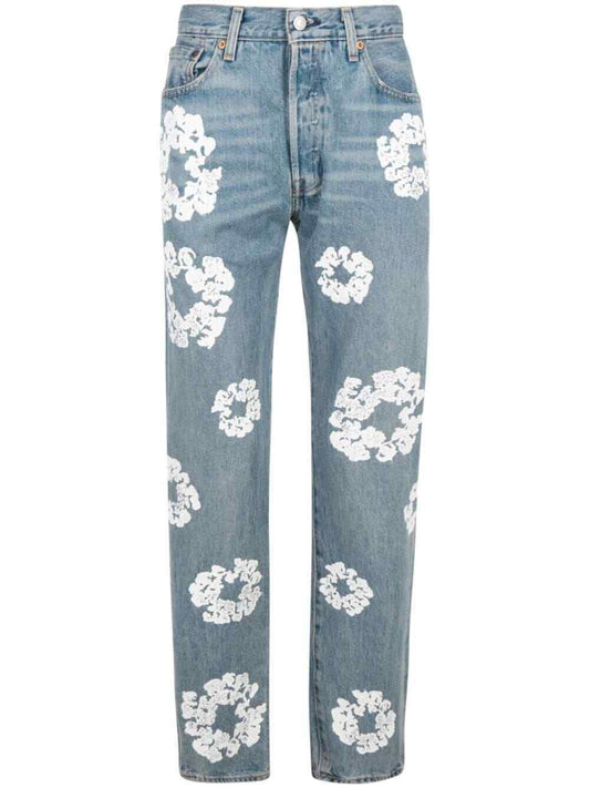DENIM TEARS X LEVI'S Light Wash White Flower Print Straight Leg Denim Jean 30