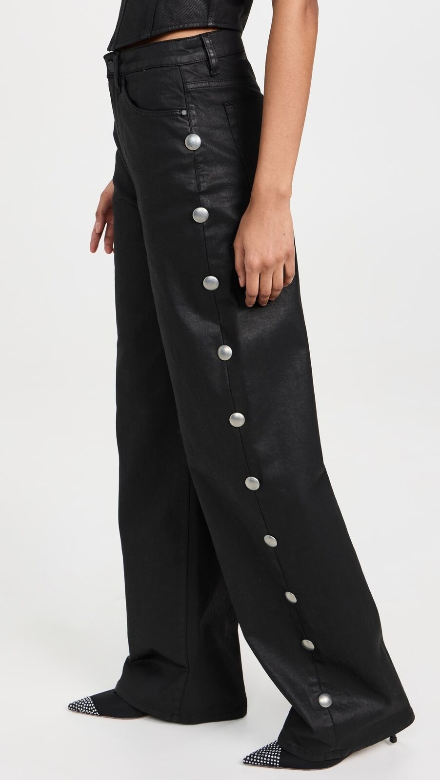 3X1 $385 Flip Black Wax Coated Silver Stud Wide Leg Pant