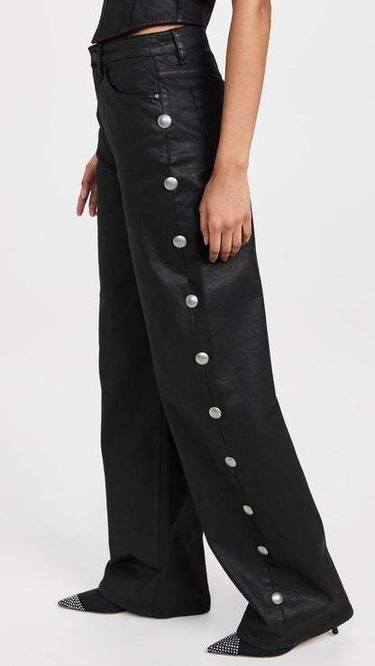 3X1 $385 Flip Black Wax Coated Silver Stud Wide Leg Pant Denim Jean 25