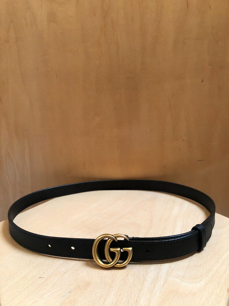 GUCCI	Gucci GG Marmont Logo Black Gold Brass Thin Skinny Press Stud Belt 80/32