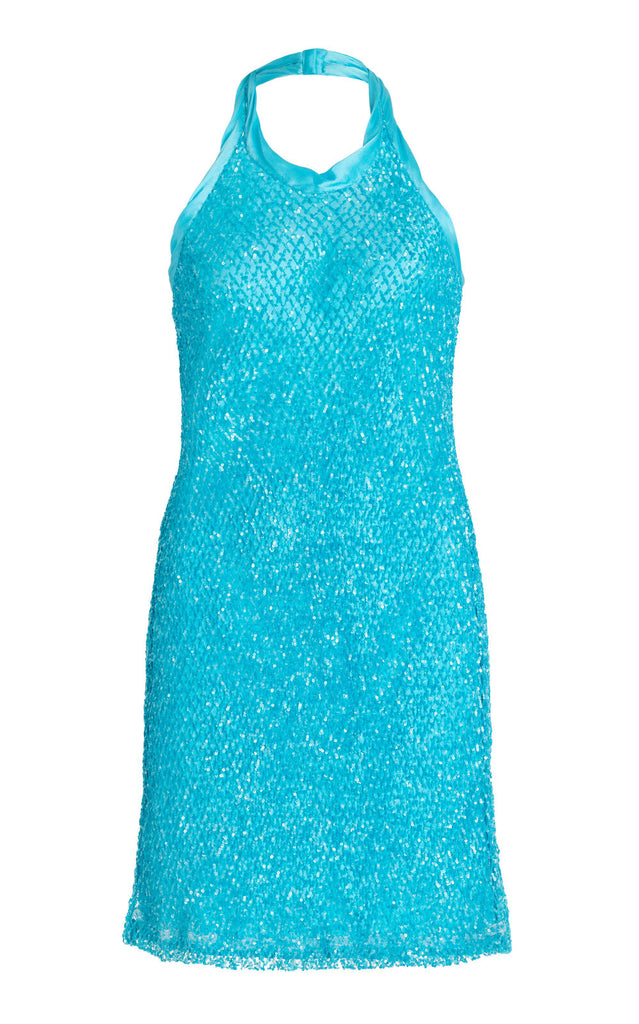 DIOTIMA NWT $1,400 Queen Aqua Blue Sequin Net Low Back Halter Mini Dress 2/4