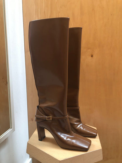WANDLER Isa Jazz Camel Tan Brown Leather Square Toe Stirrup Knee High Boot 36