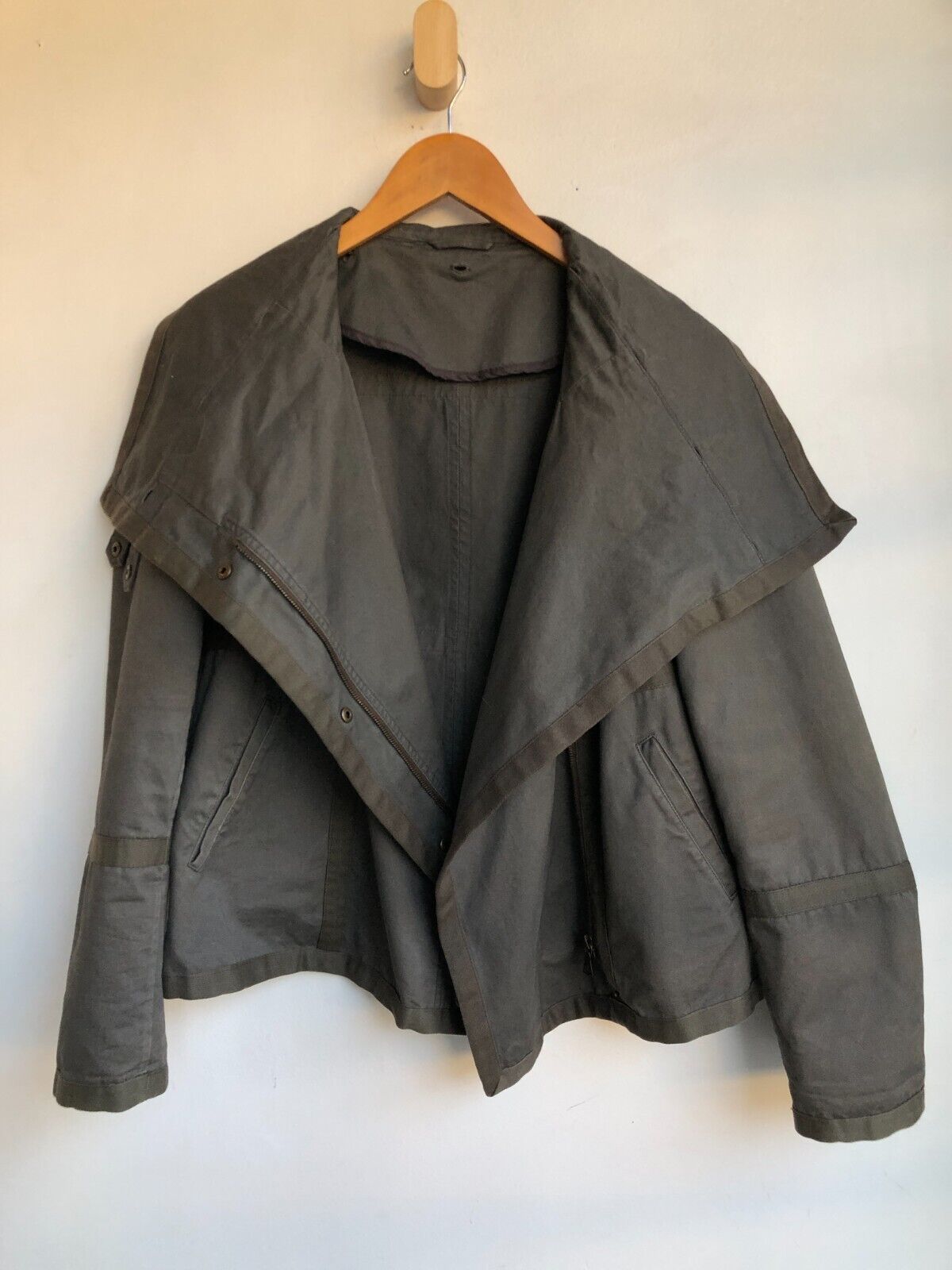 YVES SALOMON  Army Cement Grey Khaki Coyote Fur Collar Cotton Zip Up Jacket ~ M