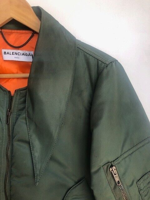 BALENCIAGA 2017 Army Green Satin Scarf Tie Collar Crop Bomber Jacket 40/8