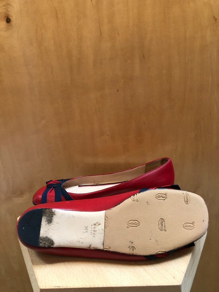 GUCCI Red Leather Grosgrain Web Stripe Bow Round Toe Ballet Flat Shot 39.5/9.5