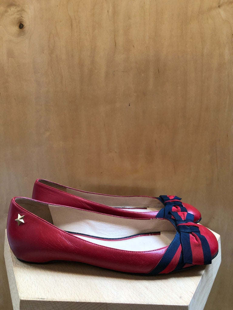 GUCCI Red Leather Grosgrain Web Stripe Bow Round Toe Ballet Flat Shot 39.5/9.5