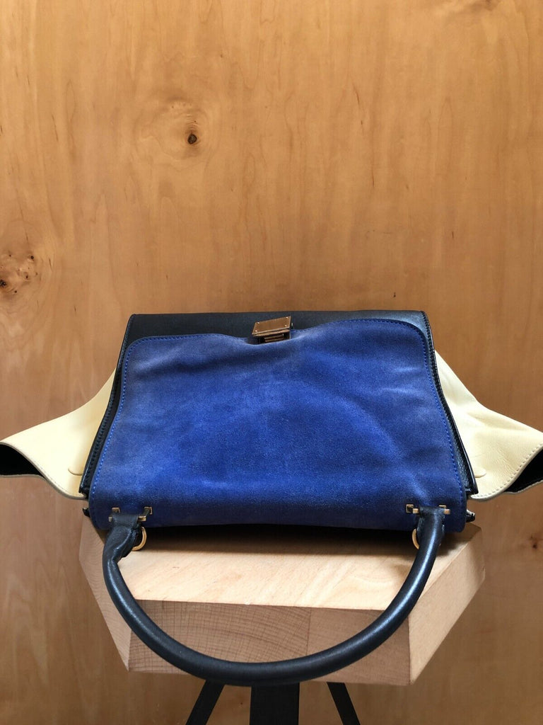 CELINE	Trapeze Cobalt Blue Beige Black Suede Leather Colorblock Bag Purse