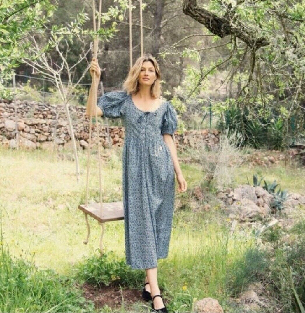 DOEN Monceau Dolores Liberty Blue White Floral Pleated Short Sleeve Maxi Dress