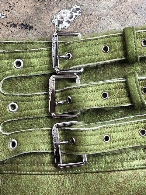 JOHN GALLIANO Vtg 2000s Green Leather Shearling Bead Embroidered Mini Skirt 38/6