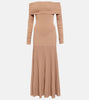 KHAITE	$2,600 Rebecca Almond Tan Pink Off Shoulder Jersey Rib Knit Maxi Dress M