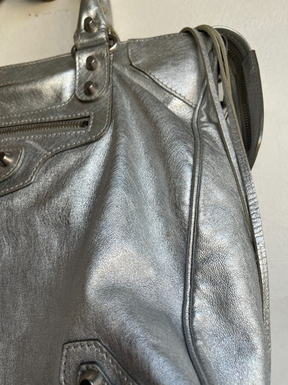 BALENCIAGA Velo Silver Motocycle Small Stud Leather Shoulder Tote Bag Purse
