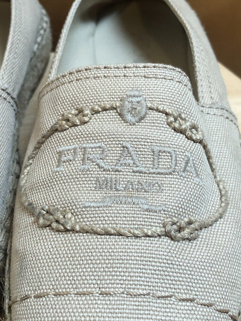 PRADA	Beige Canvas Trim Round Toe Logo Straw Raffia Platform Flat Espadrille 36