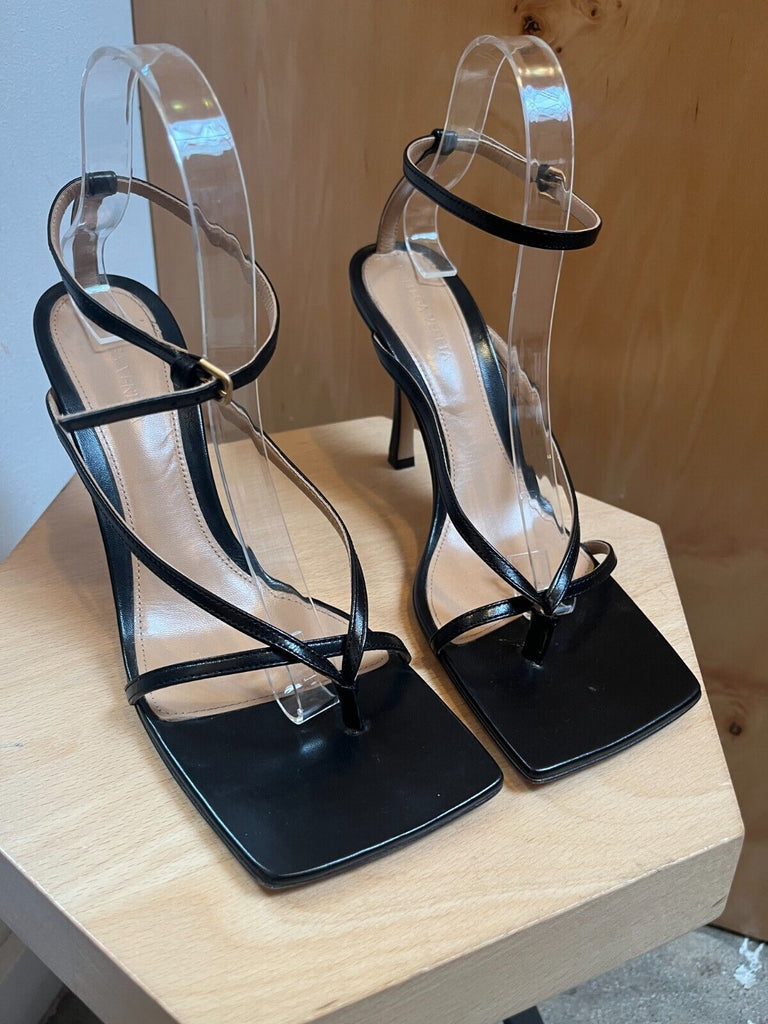 BOTTEGA VENETA $1000 Black Stretch Sandal Square Toe Leather Stiletto Heel 40