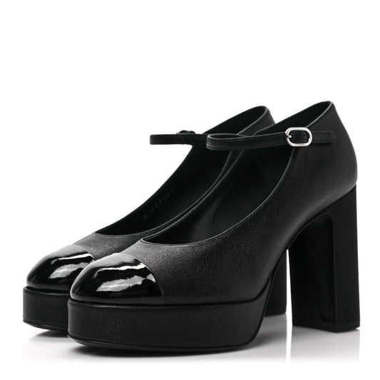 CHANEL NWB '23 Black Leather Patent CC Cap Toe Platform Pump Heel Mary Jane 38.5