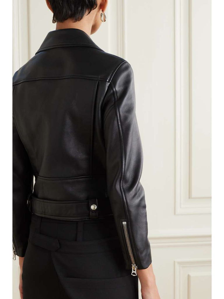 ACNE STUDIOS	Mock Black Leather Asymmetric Zip Belted Moto Biker Jacket 36/4