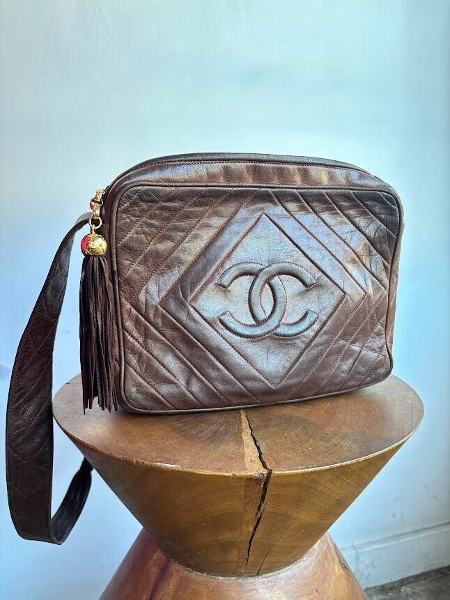 CHANEL Vintage Brown Leather Strap Chevron CC Logo Satchel Tassel Bag Purse