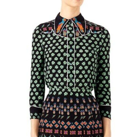 GUCCI Four Leaf Clover Multicolor Parrot Bird Long Sleeve Silk Blouse Top 40/4