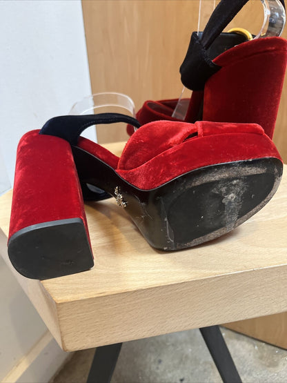 PRADA Cherry Red Navy Velvet Crisscross Two Tone Platform Sandal Chunky Heel 37