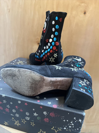VALENTINO Black Suede Leather Star Planet Print Ankle Sock Block Heel Boot 37