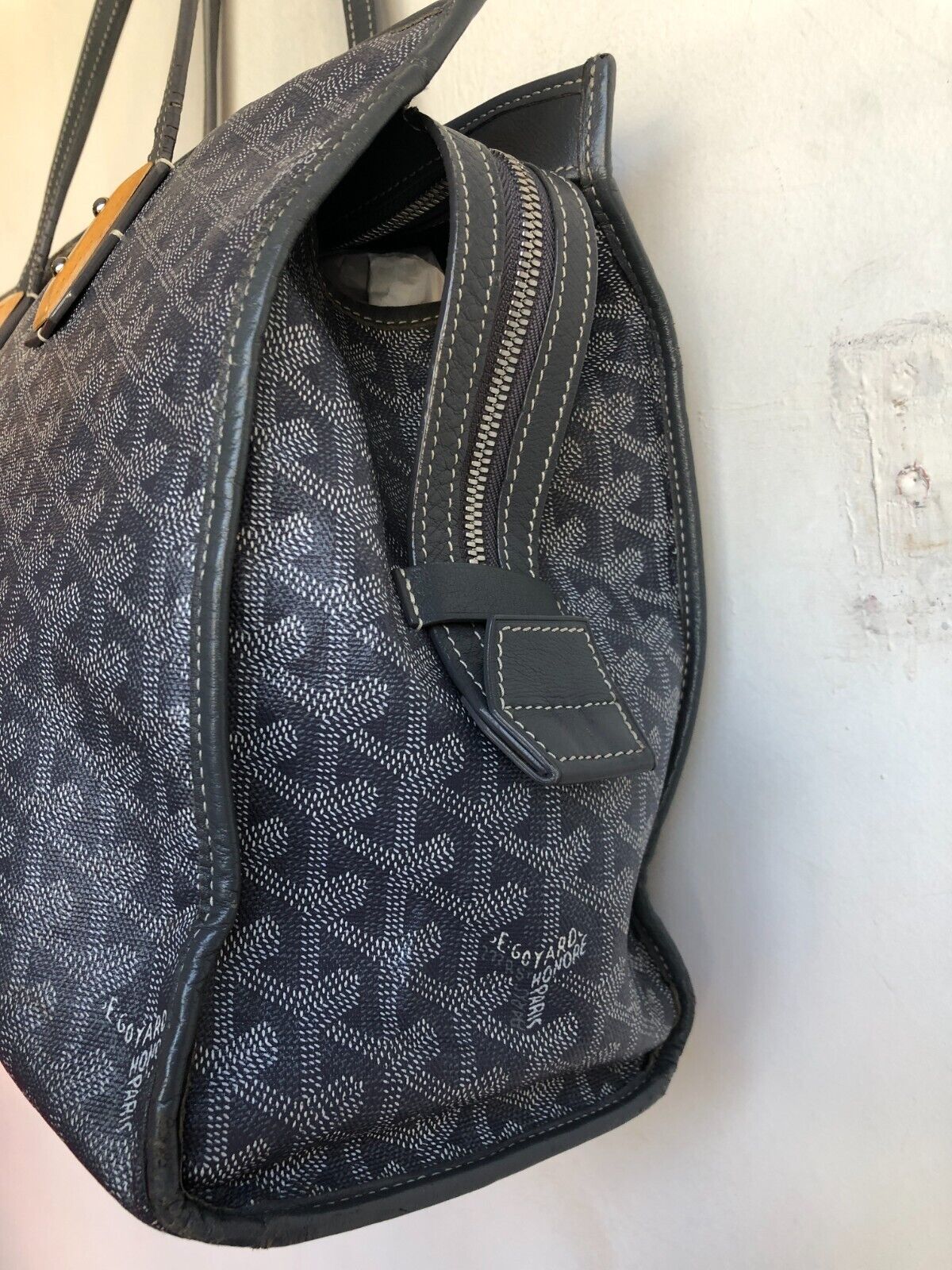 GOYARD Marquises Gray Chevron Monogram Print Leather Canvas Tote Bag Purse