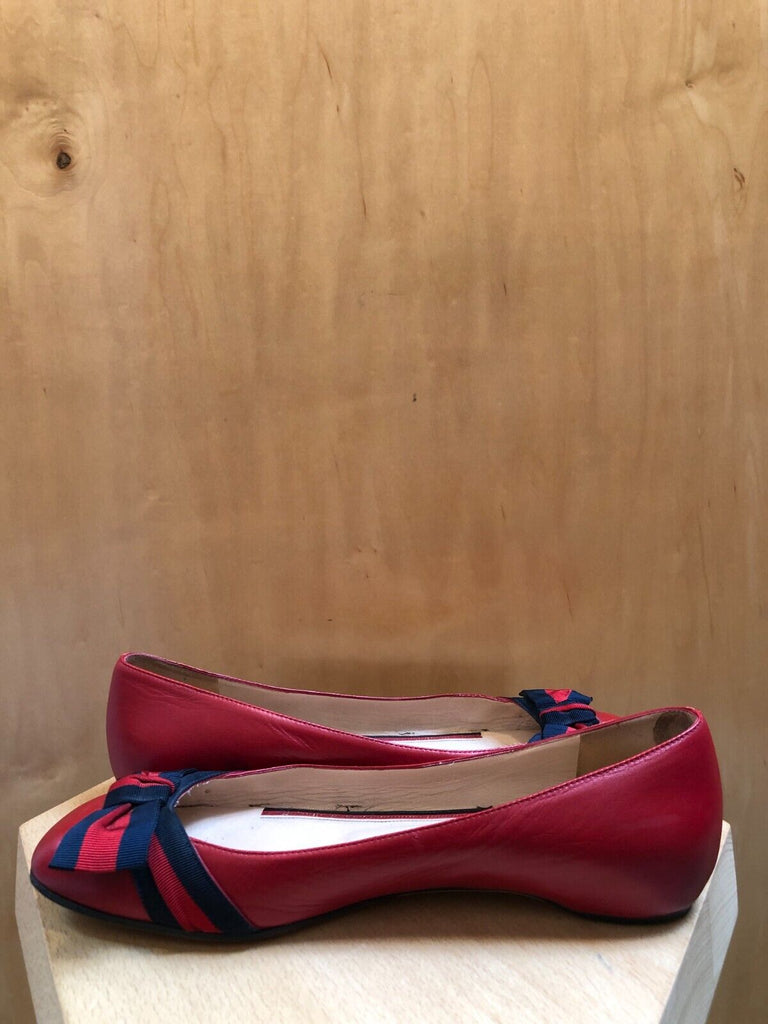 GUCCI Red Leather Grosgrain Web Stripe Bow Round Toe Ballet Flat Shot 39.5/9.5