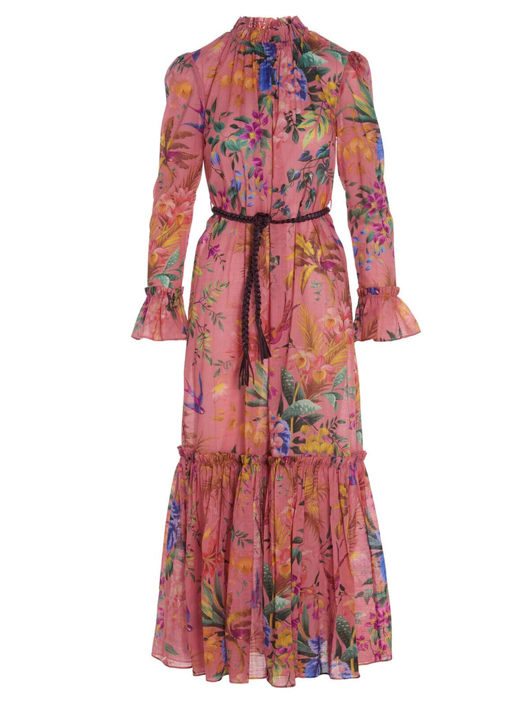 ZIMMERMANN Tropicana Pink Floral Print Cotton Long Sleeve Belted Maxi Dress 1