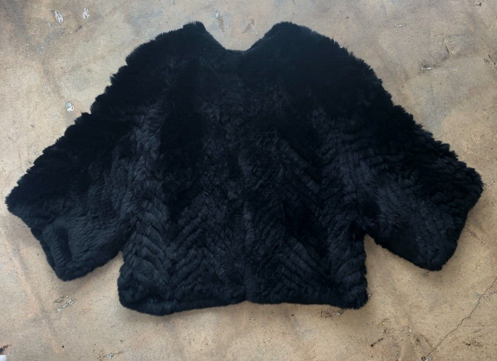 BARNEY'S NEW YORK Black Rabbit Fur Evening Shawl Crop Bolero Dress Jacket M