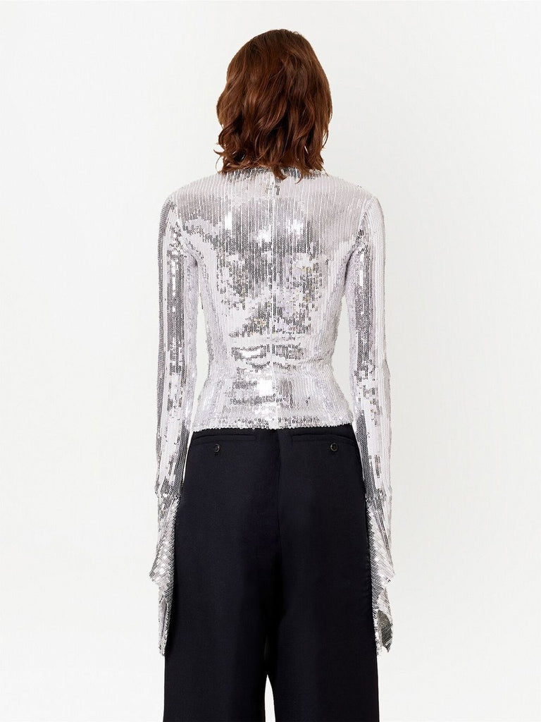 AMI PARIS Silver Metallic Sequin Fluted Long Sleeve Top Dress Shirt Blouse S