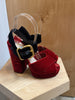 PRADA Cherry Red Navy Velvet Crisscross Two Tone Platform Sandal Chunky Heel 37