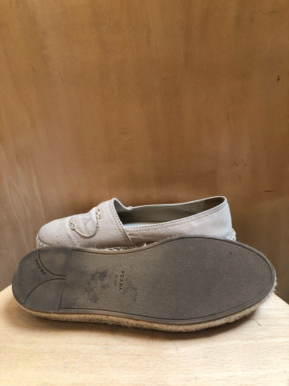 PRADA	Beige Canvas Trim Round Toe Logo Straw Raffia Platform Flat Espadrille 36