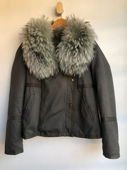 YVES SALOMON  Army Cement Grey Khaki Coyote Fur Collar Cotton Zip Up Jacket ~ M