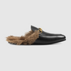 GUCCI	Men's Princetown Black Leather Horsebit Fur Slide Loafers 8/8.5