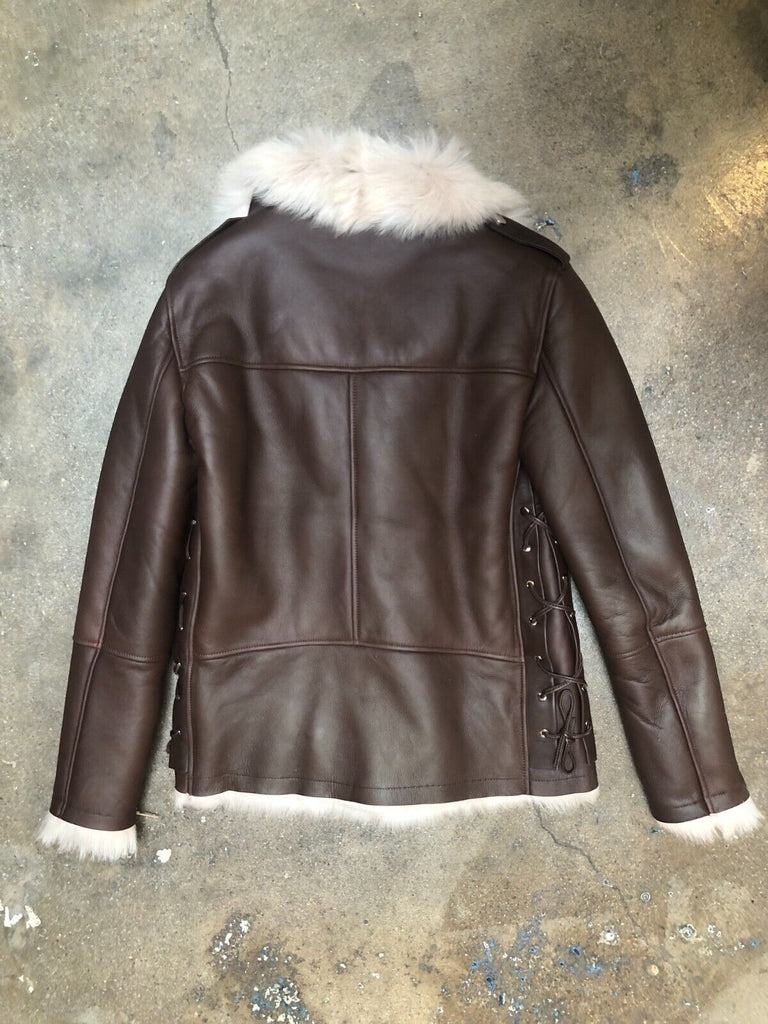 NOUR HAMMOUR Vivienne Brown Leather Shearling Collar Zip Biker Moto Jacket 34/2