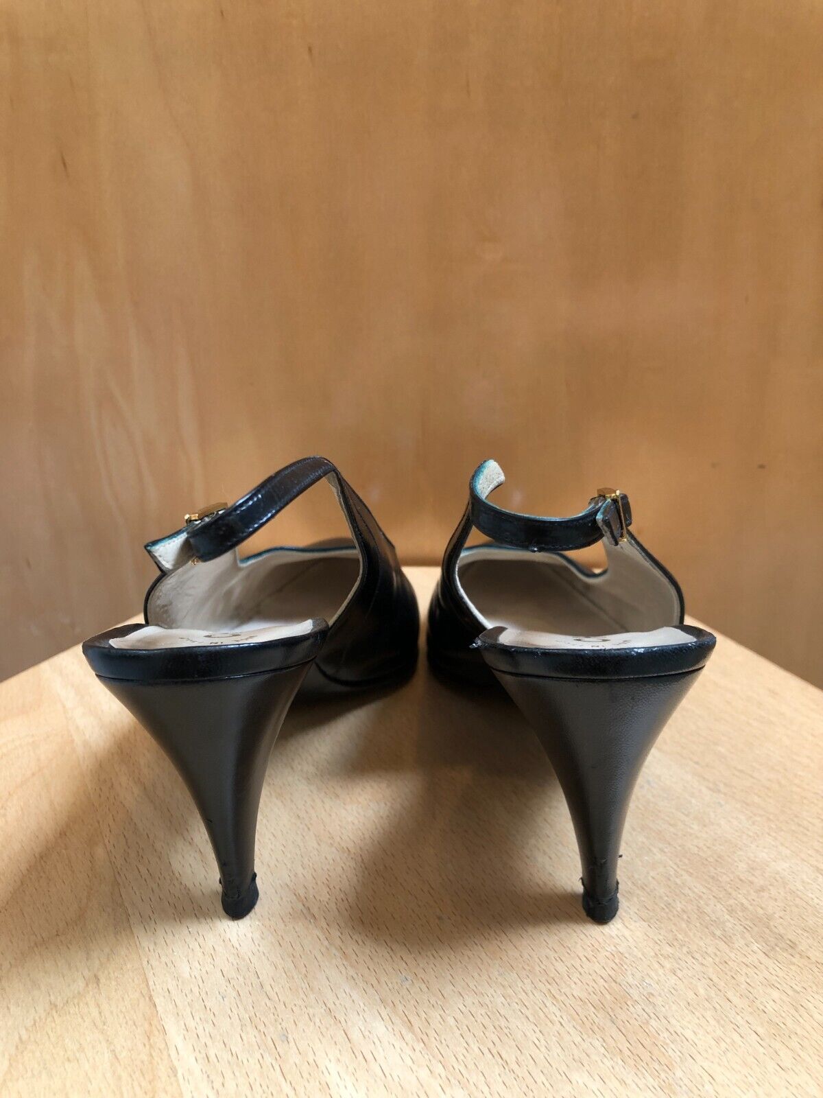 CHANEL Vtg Black Leather Patent Leather CC Cap Toe Slingback