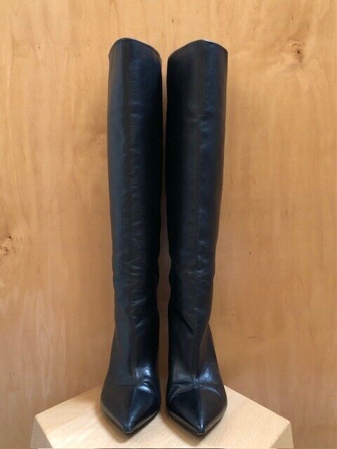 SAINT LAURENT YSL Black Knee High Pointed Toe Leather Stiletto Heel Boots 38/8