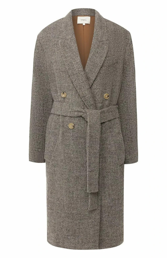 VINCE $800 Pebbled Grey Boucle Tweed Long Wool Belted Jacket Coat S/M/L