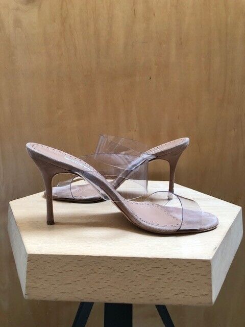 MANOLO BLAHNIK	Scolto Blige Rose Nude Suede Leather PVC  Strap Heel Sandal 37.5